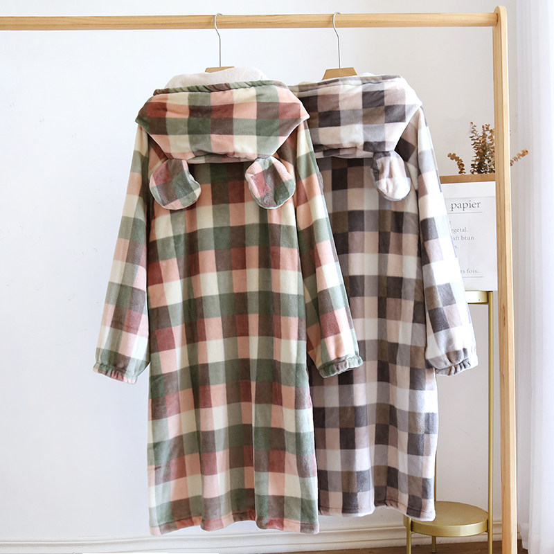 冬季新款法兰绒睡袍女连帽中长款家居服浴袍加厚连体睡衣保暖睡裙,淘宝优惠券,粉丝福利购,淘宝优惠卷