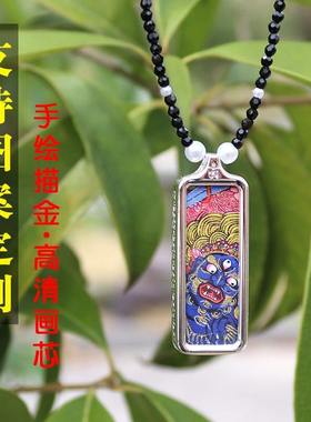 迷你合金手绘描金3*1小唐卡吊坠八大守护神唐卡黑色珠锁骨链吊坠