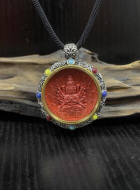 六字真言嘎乌盒 可镶嵌圆形30mm 天然檀木 朱砂香木唐卡吊坠 空托