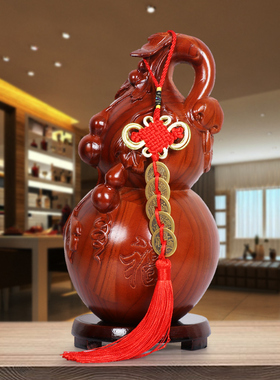 天然桃木葫芦大号五帝钱葫芦挂件招财木质工艺品客厅家居饰品