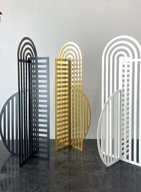 现代简约轻奢黑色金属网格屏风镂空几何摆件样板间客厅桌面装饰品