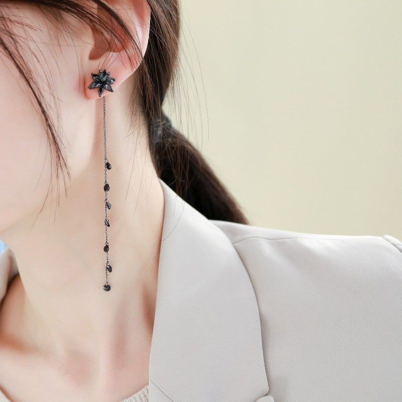 TLZ气质耳线流苏后挂式长款耳钉耳环黑色锆石冷艳立体花韩国耳饰,淘宝优惠券,粉丝福利购,淘宝优惠卷