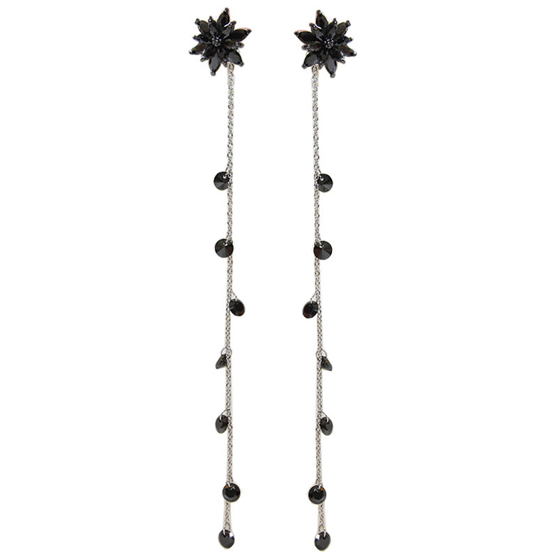 TLZ气质耳线流苏后挂式长款耳钉耳环黑色锆石冷艳立体花韩国耳饰,淘宝优惠券,粉丝福利购,淘宝优惠卷