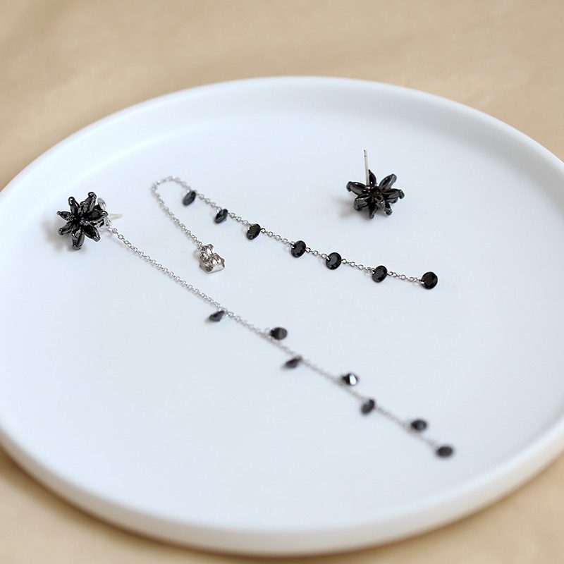 TLZ气质耳线流苏后挂式长款耳钉耳环黑色锆石冷艳立体花韩国耳饰,淘宝优惠券,粉丝福利购,淘宝优惠卷