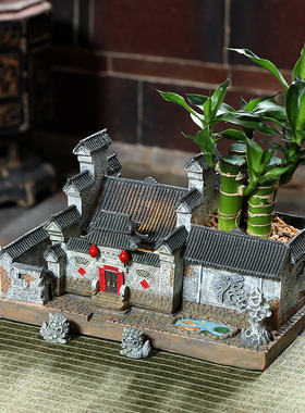 中式徽派建筑模型文竹盆景植物桌面盆栽微景观造景微缩老房子摆件