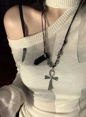 暗黑系甜酷十字架锁骨链女编织绳毛衣链哥特朋克y2k辣妹小众项链
