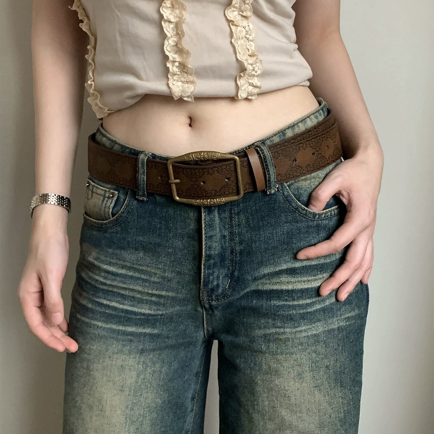 美式皮带男士腰带y2k女2025新款年轻人辣妹配裙子高档潮复古棕色