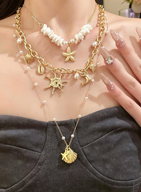 复古金色贝壳海星珍珠流苏碎石串珠锁骨链海边度假风设计感项链女