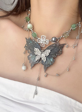 金属蝴蝶流苏项链多元素串珠颈链