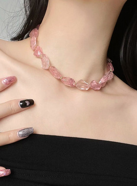 欧美新款粉色水晶串珠项链