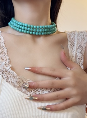 新中式多层绿松石串珠项链锁骨链