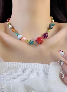 多巴胺彩色琉璃串珠星星项链