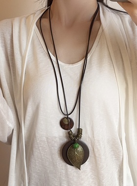 复古多元素树叶圆片长款毛衣链潮