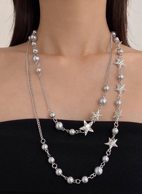 镶钻金属五角星珍珠链条长款项链