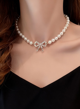 精致水晶蝴蝶结吊坠珍珠串珠项链
