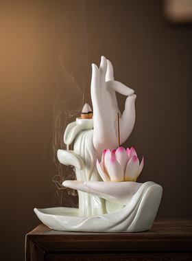 禅意佛手摆件陶瓷香炉室内玄关创意香薰炉莲花香插香座茶桌装饰品