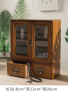 日式实木做旧复古玻璃首饰化妆品整理抽屉柜桌面分类印章手账收纳