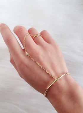 日韩金属手镯一体式戒指水钻链条气质长款尾戒指男女指环手链