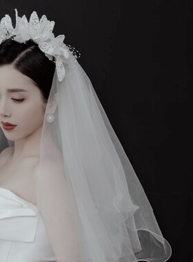 结婚轻纱造型花朵头纱仙气满满韩式新娘跟妆迎宾气质头饰拍照道具