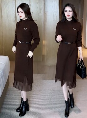 针织连衣裙女装秋冬季2025新款中长款半高领收腰显瘦内搭长袖裙子