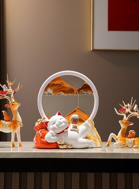 招财猫沙漏流沙画鹿摆件客厅电视柜酒柜玄关装饰V品乔迁新居礼品