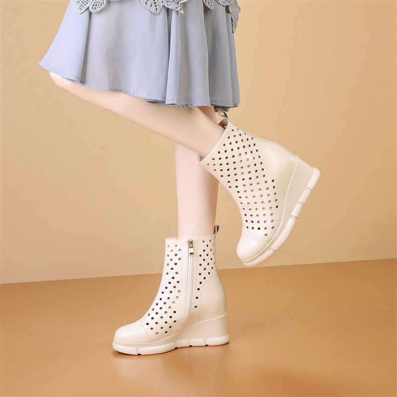 8.5cm内增高真皮女短靴圆头夏季洞洞凉靴高跟坡跟厚底春秋马丁靴,淘宝优惠券,粉丝福利购,淘宝优惠卷