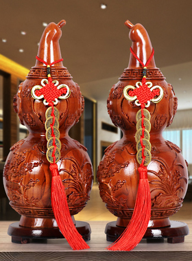 天然桃木葫芦摆件大号五帝钱葫芦挂件招财木质工艺品客厅家居饰品