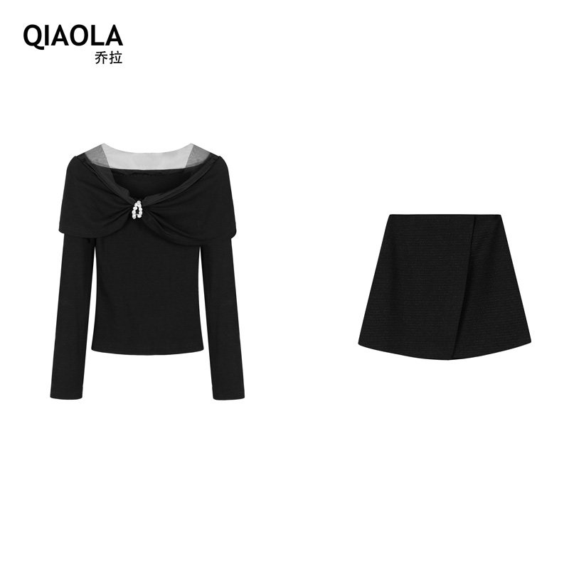 乔拉浪漫书签 轻奢高级感时尚弹力网纱针织小露肩上衣+半裙套装女,淘宝优惠券,粉丝福利购,淘宝优惠卷