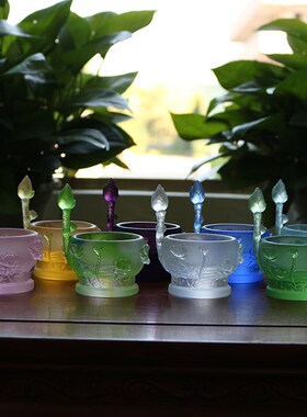 琉璃浮雕莲花烛台 八色可选佛前供灯供具 彩色琉璃烛台配件