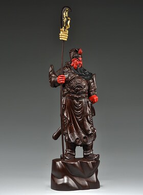 彩绘木雕关公像摆件家用财神客厅玄关装饰工艺品公司店铺开业送礼