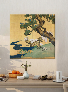 酒井抱一日式原木风装饰画民宿卧室茶楼中古新中式挂画书房壁画禅