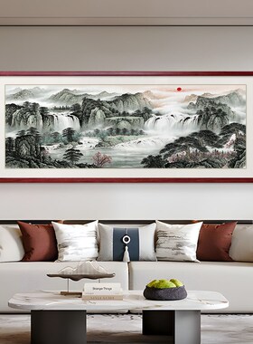 纯手绘山水画客厅挂画新中式旭日东升办公室沙发背景墙装饰画靠山