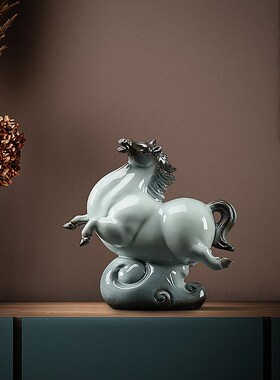 久造陶瓷唐马摆件新中式招财工艺品客厅书房摆设玄关办公桌装饰品