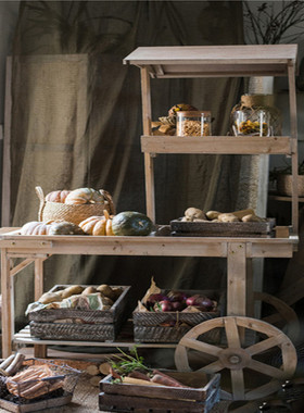 田园风实木花架大推车置物架花店装饰陈列展架多功能橱窗花车摆件