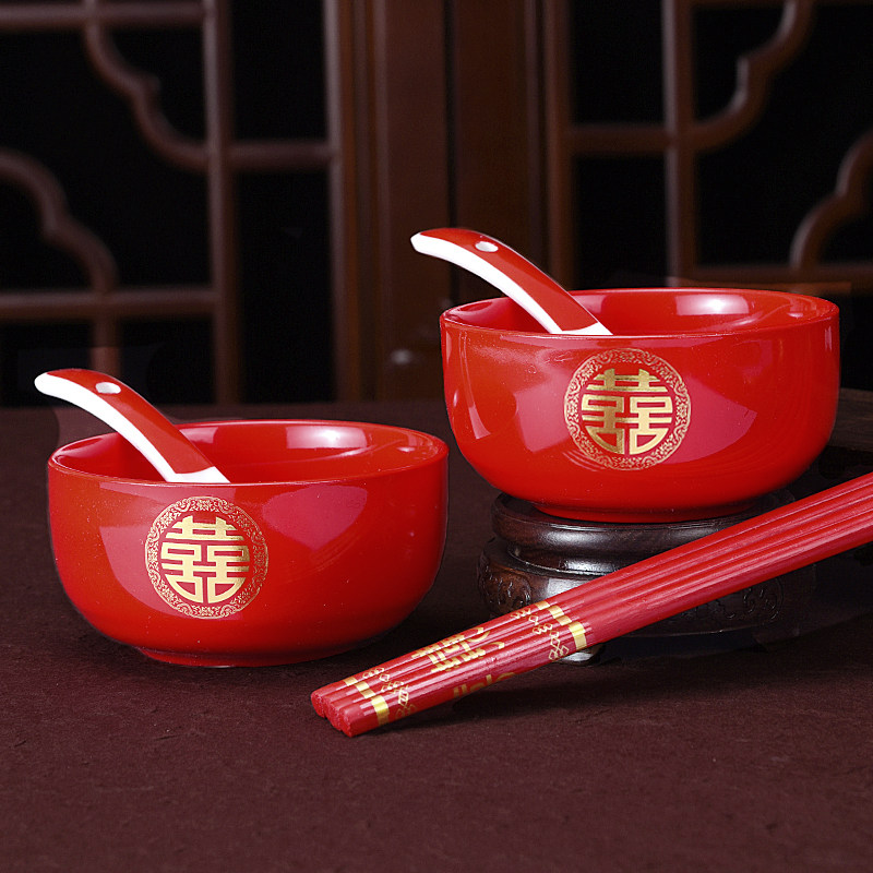 结婚陶瓷碗筷勺套装一对酒红色女方喜陪嫁专用饺子碗婚庆用品大全,淘宝优惠券,粉丝福利购,淘宝优惠卷