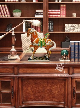 唐三彩抬蹄马上赢陶瓷对马装饰品纯手工艺术品马书房励志摆件礼品