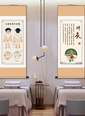 中医养生装饰挂画小孩推拿注意事项小孩穴位图手法介绍绢布卷轴画