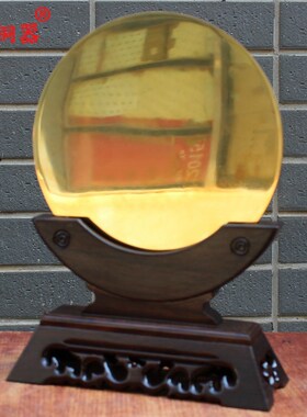 宇卓铜器 纯铜镜子 黄铜镜子底座实木圆形置物架子镜子支架摆件