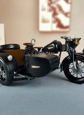 铁艺复古长江750偏三轮摩托车模型装饰桌面摆件手工挎斗摄影道具