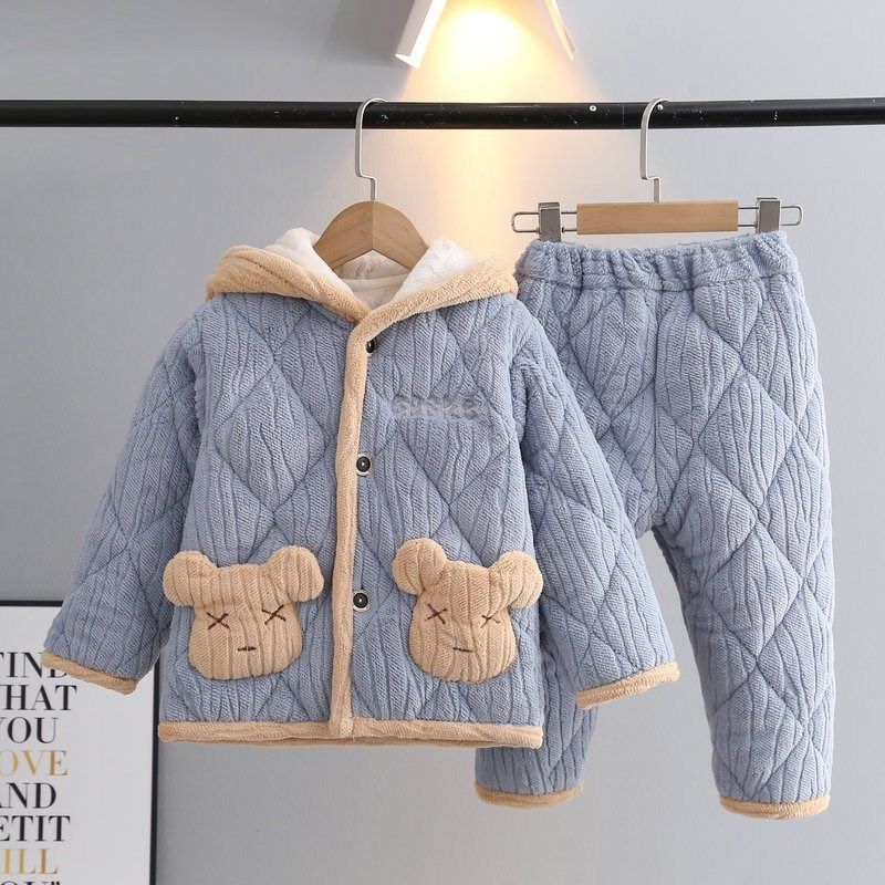 冬季儿童睡衣带帽法兰绒三层加厚夹棉男女童宝宝中小童保暖家居服,淘宝优惠券,粉丝福利购,淘宝优惠卷