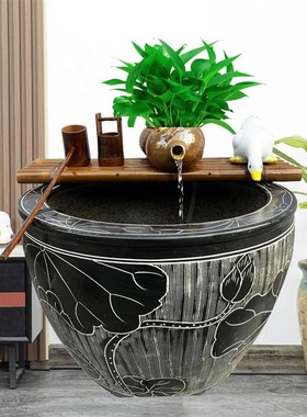 4鱼缸陶罐流水循环过滤陶v瓷摆件水缸石槽水景庭院搭配造景装饰