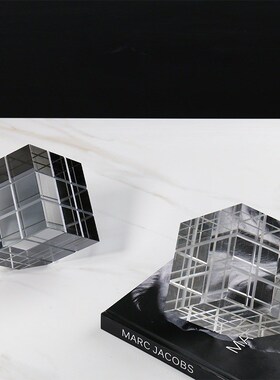 现代极简约透明几何正方形水晶魔方摆件样板房售楼处软装饰品摆设