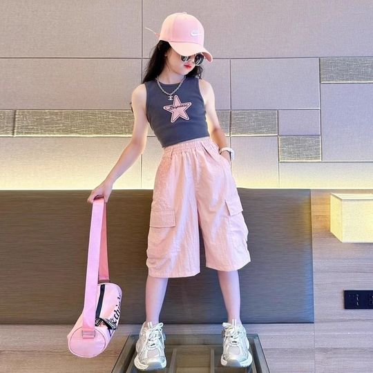 Розовые шорты-карго для девочек, летние средние брюки для больших девочек, модные и крутые детские летние тонкие укороченные брюки, быстросохнущие брюки.