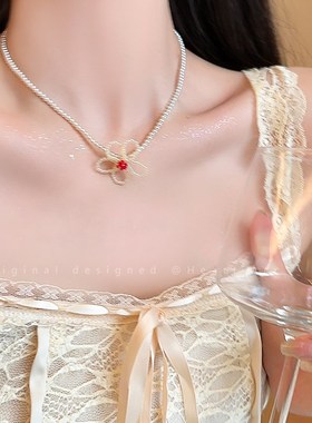 紫色花朵小珍珠串珠项链女甜美可爱锁骨链夏度假风搭裙子颈链配饰