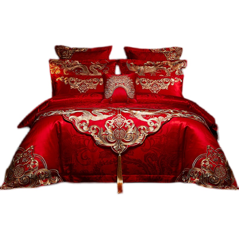 高端婚庆四件套大红全棉提花龙凤结婚房中式时尚床上用品床单被套 - 图3