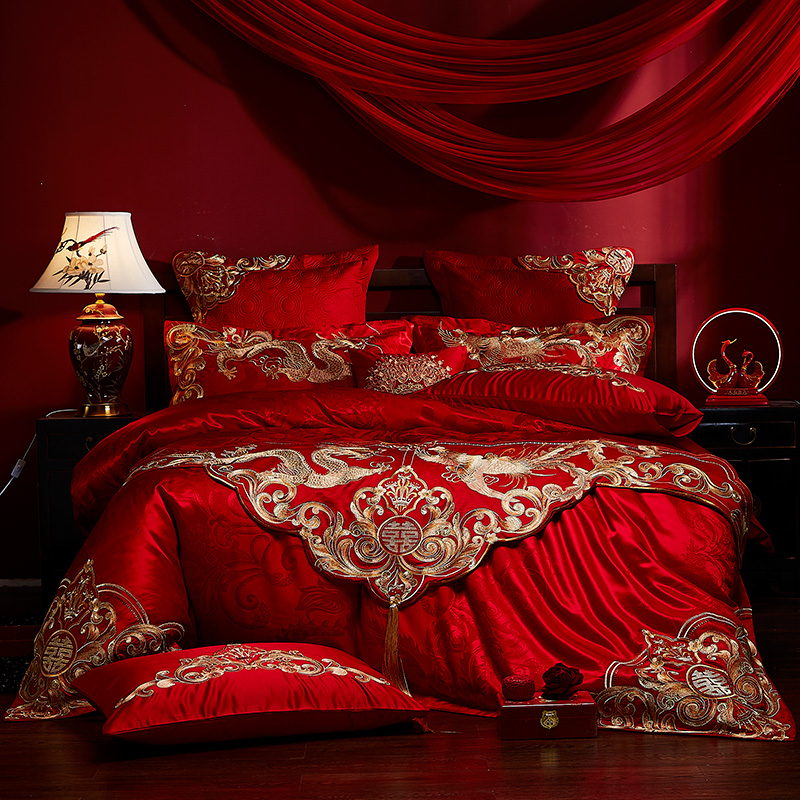 高端婚庆四件套大红全棉提花龙凤结婚房中式时尚床上用品床单被套 - 图2