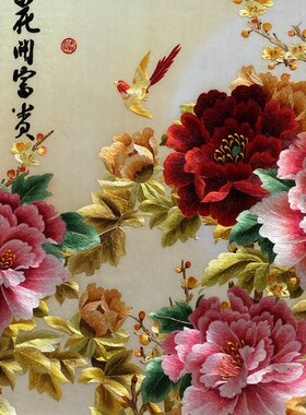 苏秀天地非遗纯手工精工金色牡丹花开富贵别墅沙发墙客厅装饰壁画
