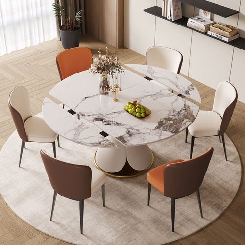 奶油风旋转岩板餐桌椅伸缩折叠圆形饭桌现代简约小户型极简圆桌 - 图0