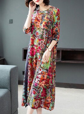 复古长袖印花民族风连衣裙女士2023年秋季新款宽松胖MM大码妈妈裙
