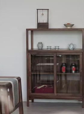 玻璃门置物架边柜k新中式北美黑胡桃木实木餐边柜餐厅茶室收纳储
